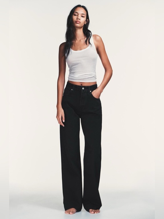Zara Denim - Zara Black Wide-Leg Distressed Hem Jeans 8